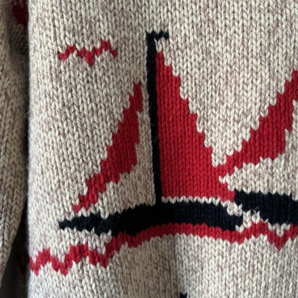 Vintage Sailing Wool Knit Cowichan Zip Cardigan 1950-70s cream red black - Picture 5 of 8